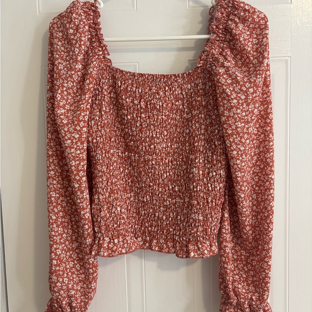 Elegant Red Floral Smocked Blouse